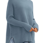 Women’s roll-neck knit sweater with ribbed turtleneck, light blue
