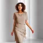 Beige layered chiffon dress with short sleeves and tiered side drape