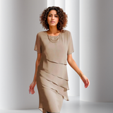Beige layered chiffon dress with short sleeves and tiered side drape