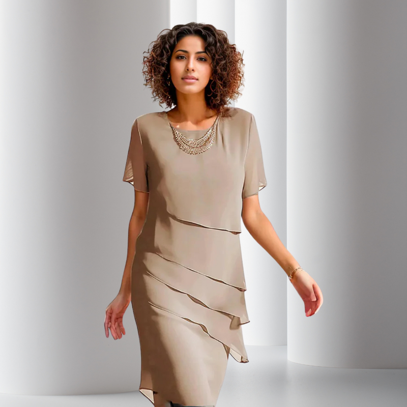 Beige layered chiffon dress with short sleeves and tiered side drape