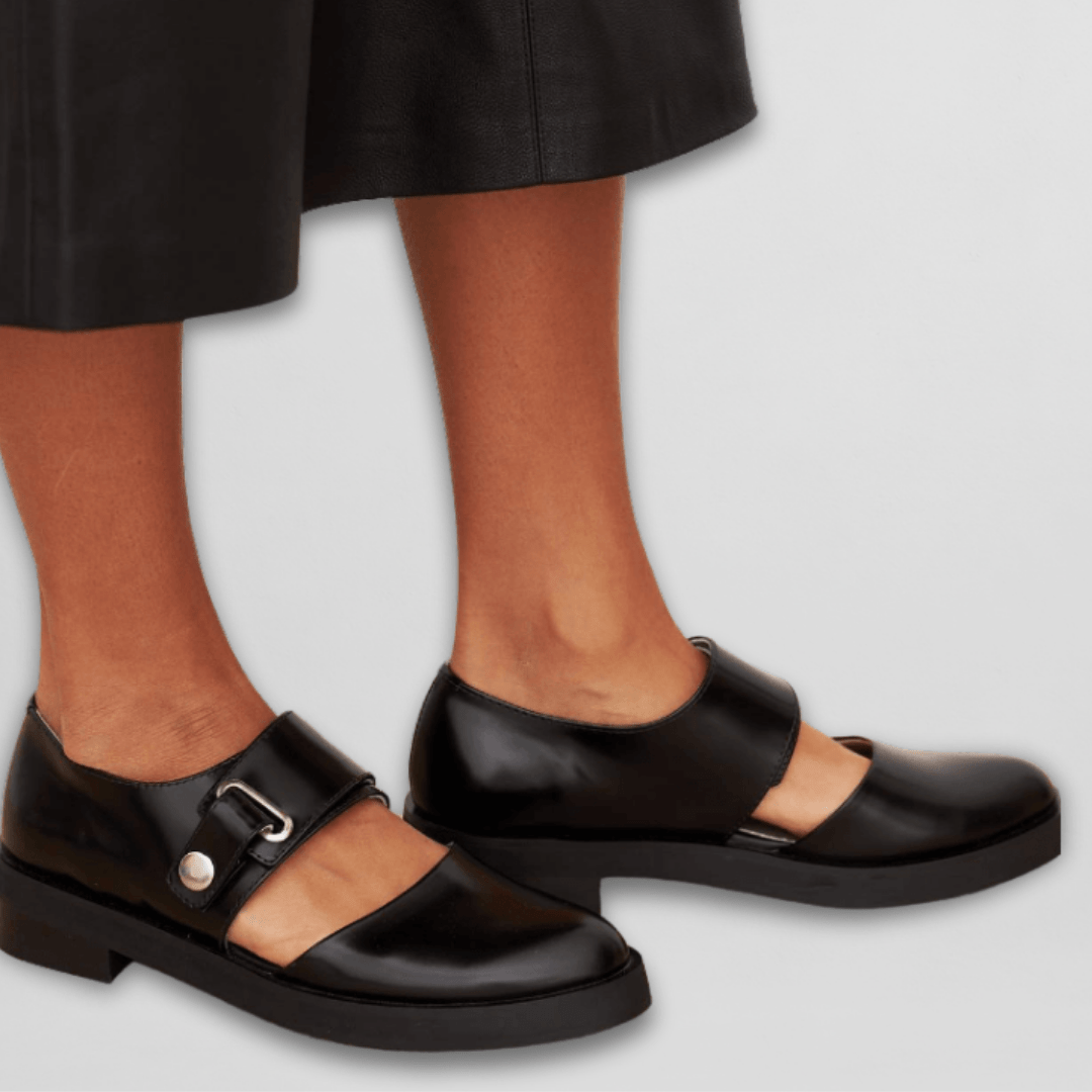 Black Mary Jane shoes with front buckle strap and chunky sole
