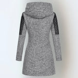Women’s winter parka coat in light gray, back view, quilted sleeves, attached hood.