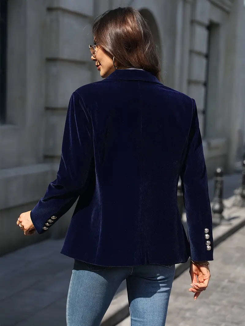 Julissa™ velvet blazer back view in dark blue with cuff buttons