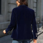 Julissa™ velvet blazer back view in dark blue with cuff buttons