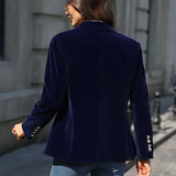 Julissa™ velvet blazer back view in dark blue with cuff buttons
