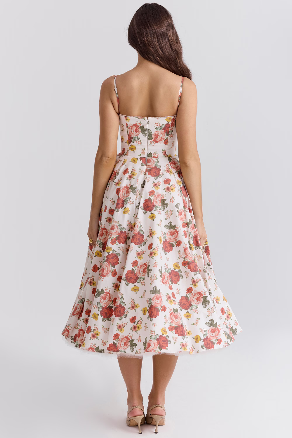 Women's white floral slimming dress with racer back and gathered flared midi skirt