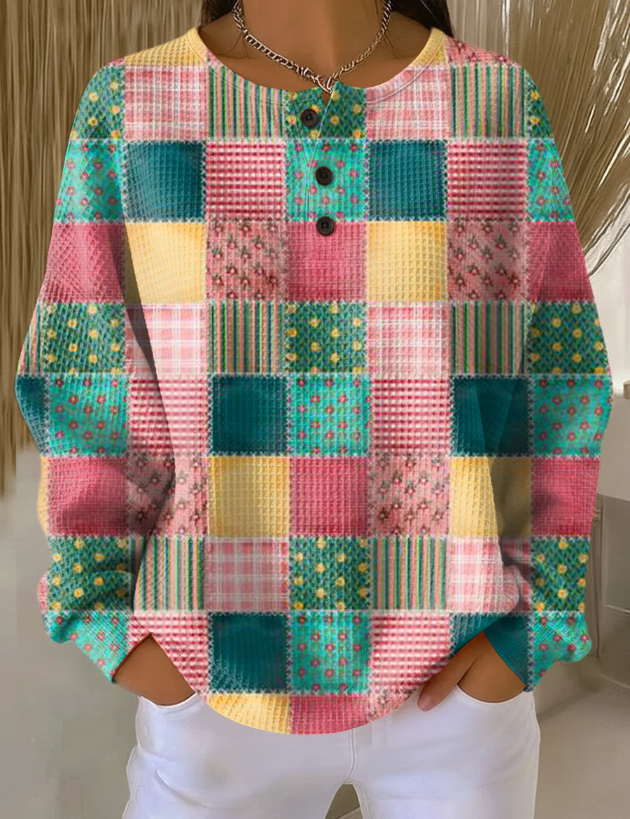 Agnes™ classic comfort multicolor patchwork long-sleeve top, button-front