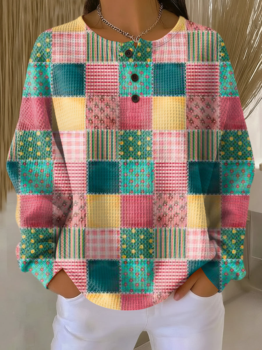 Agnes™ classic comfort multicolor patchwork long-sleeve top, button-front