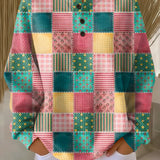 Agnes™ classic comfort multicolor patchwork long-sleeve top, button-front