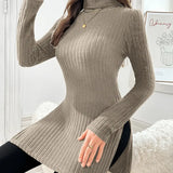 Ribbed knit turtleneck sweater dress, long sleeves, slim fit, taupe gray