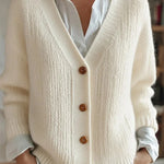 Cream knit V-neck cardigan with button front and ribbed cuffs, long sleeves