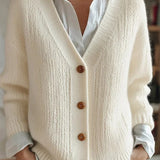 Cream knit V-neck cardigan with button front and ribbed cuffs, long sleeves