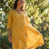 V-Ausschnitt Freizeitkleid für Frauen mit 3/4 Ärmeln und Taschen