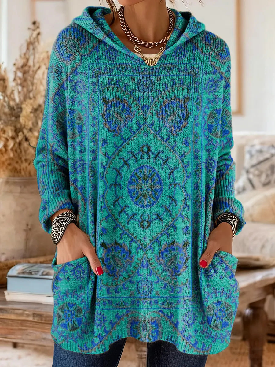 Vintage-inspired hooded knit tunic with front pockets, teal blue multicolor ethnic print