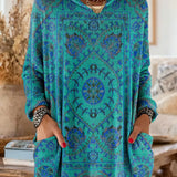 Vintage-inspired hooded knit tunic with front pockets, teal blue multicolor ethnic print