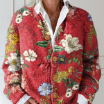Red vintage floral button cardigan sweater