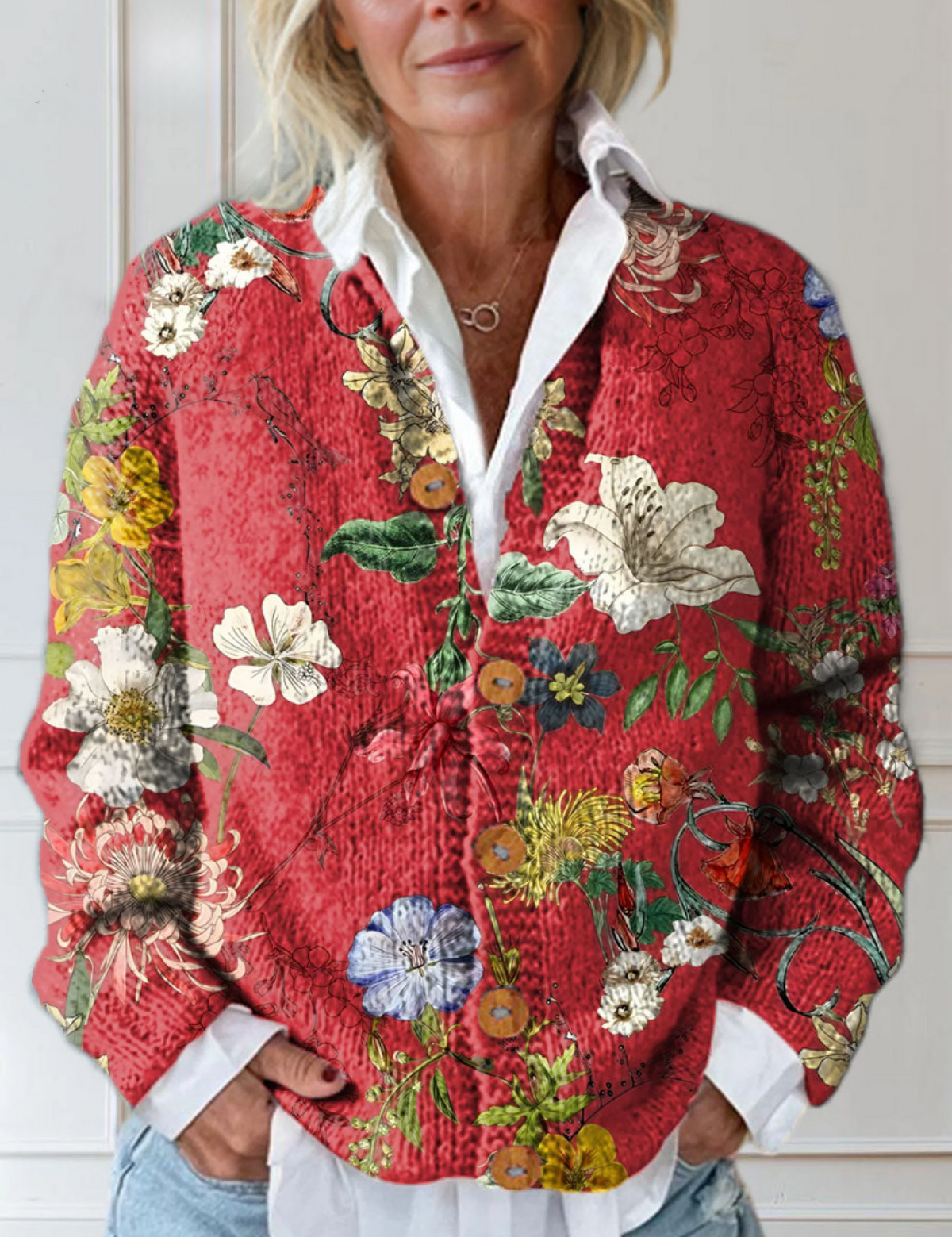 Red vintage floral button cardigan sweater