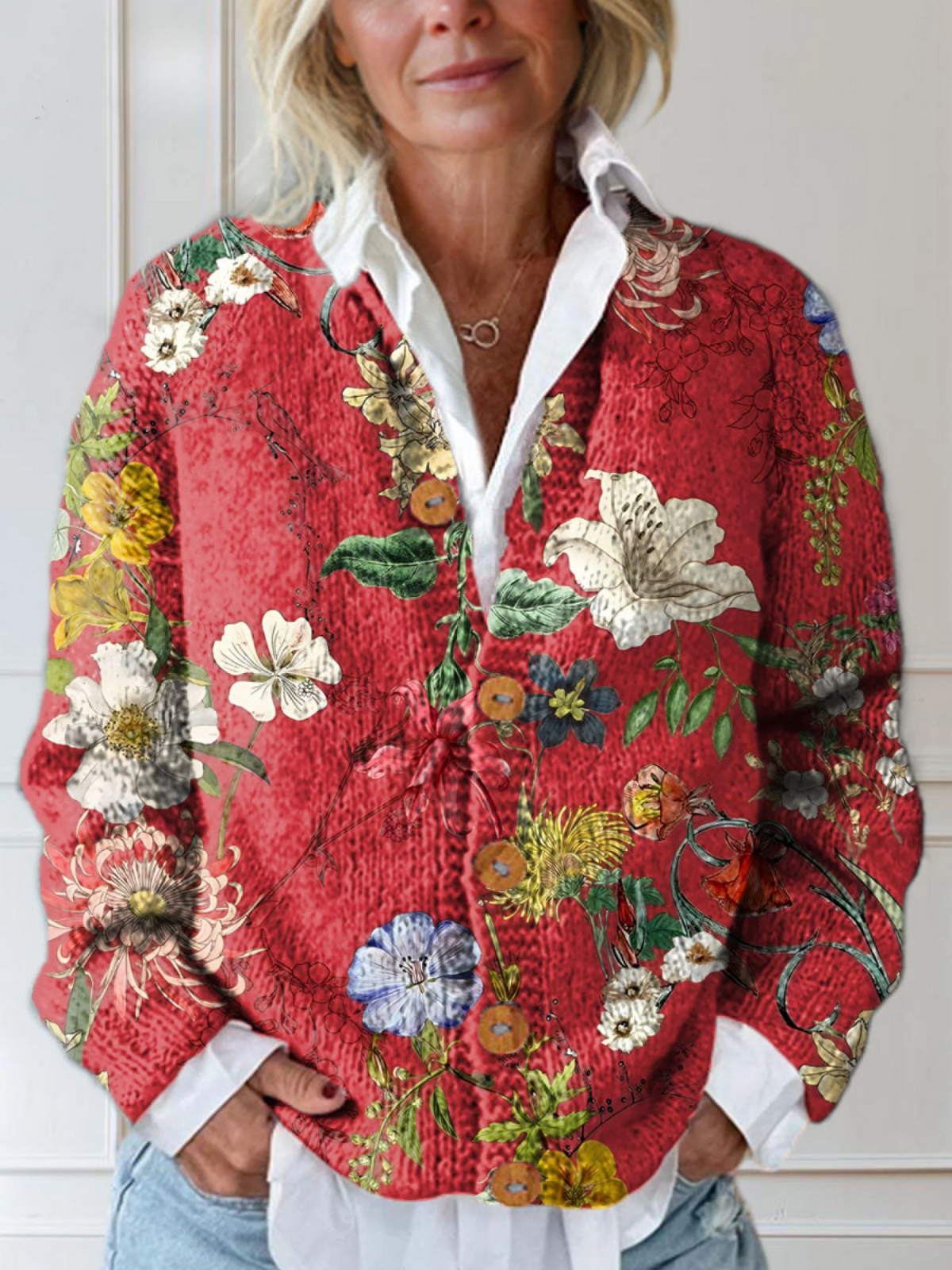 Red vintage floral button cardigan sweater