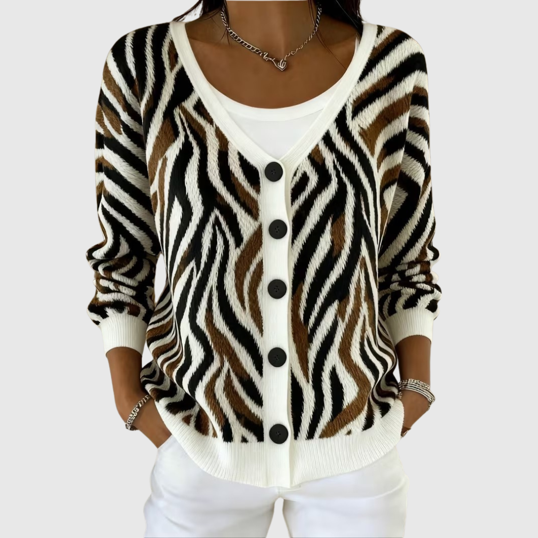 Zebra-striped knit cardigan with button front, V-neck, long sleeves