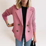 Pink everyday blazer with notch lapels and four-button front, ribbed knit sleeves