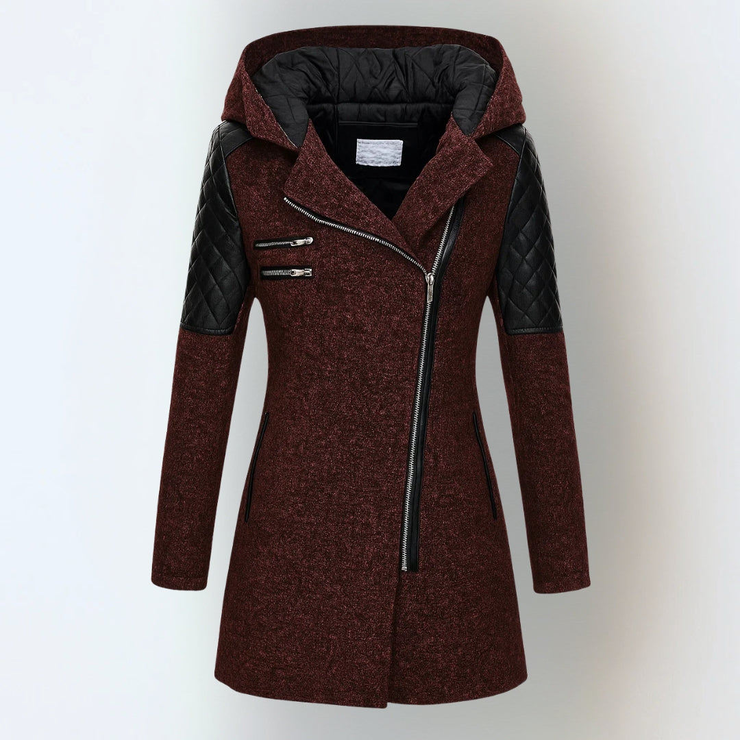 Women’s winter parka coat in burgundy red with black quilted sleeves, zip front, hood.