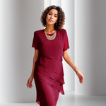 Red layered chiffon dress with short sleeves and draped tiered front