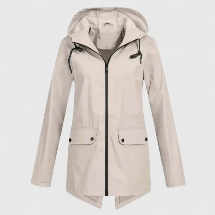 Cream hooded zip-up jacket with drawstring, front pockets, and buttoned flap closures