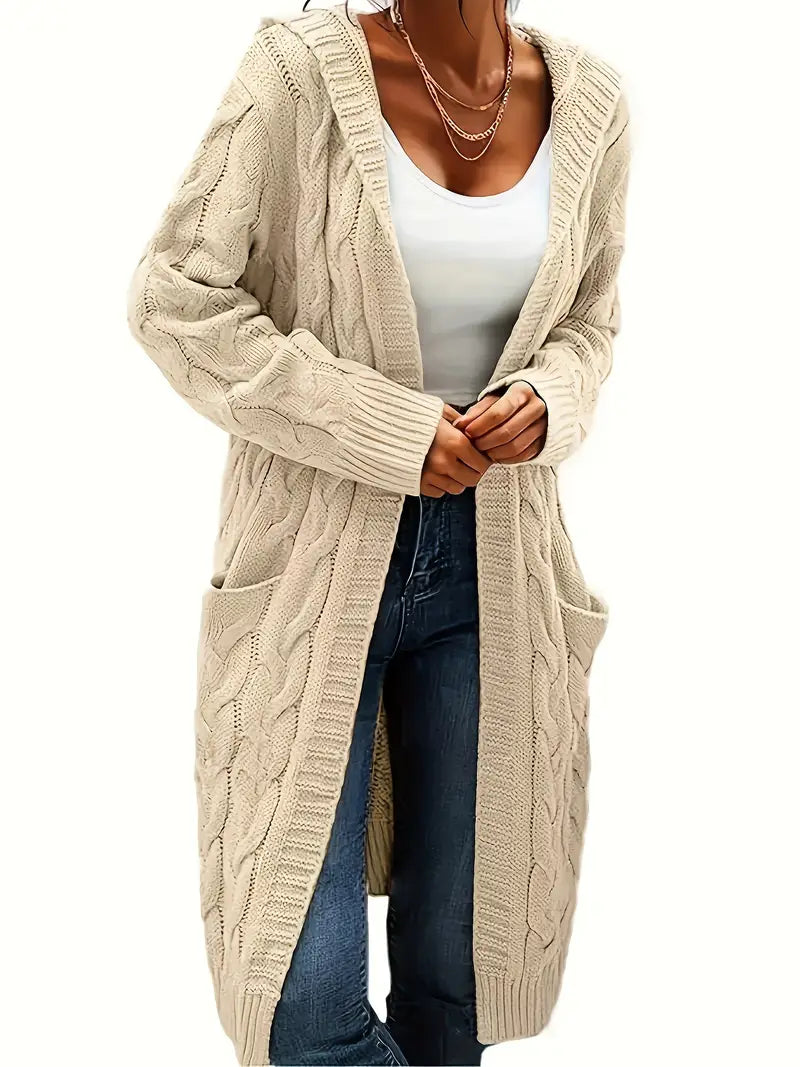 Beige cable-knit long cardigan with open front and textured knit pattern