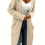 Beige cable-knit long cardigan with open front and textured knit pattern