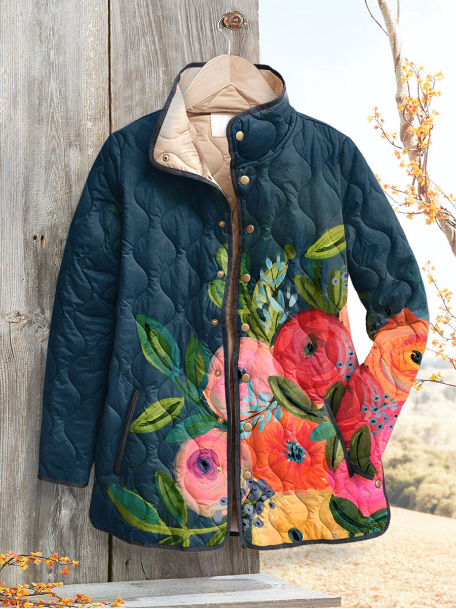 Women's retro floral art quilted jacket, dark blue with colorful flower print and button front