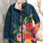 Women's retro floral art quilted jacket, dark blue with colorful flower print and button front
