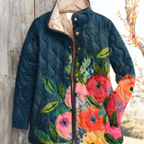 Women's retro floral art quilted jacket, dark blue with colorful flower print and button front