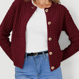 Womens knit cardigan with button front, burgundy textured knit and long sleeves