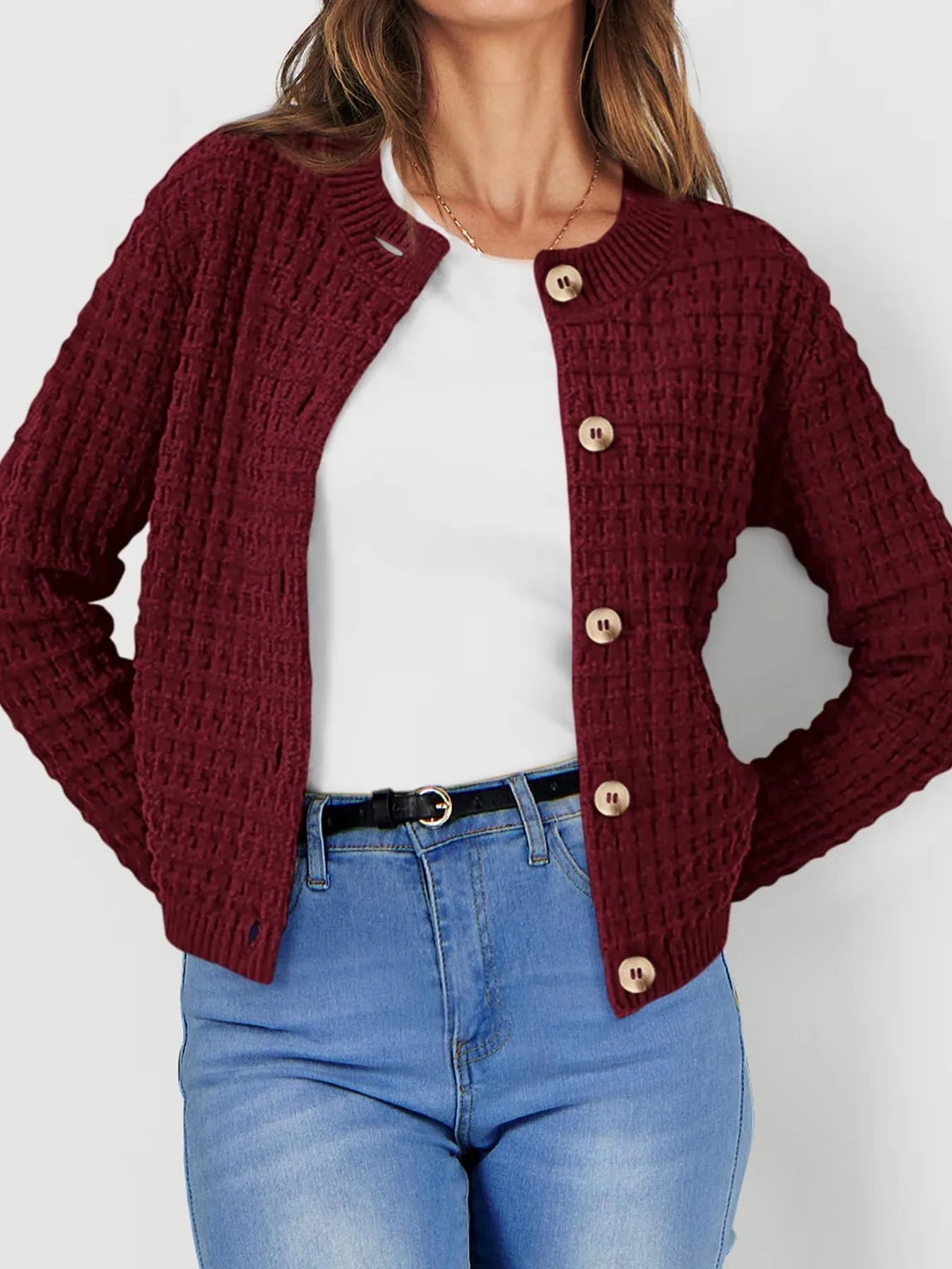 Womens knit cardigan with button front, burgundy textured knit and long sleeves