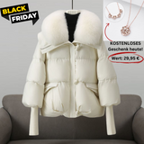 White puffer jacket with faux-fur collar, front zip and flap pockets, long sleeves