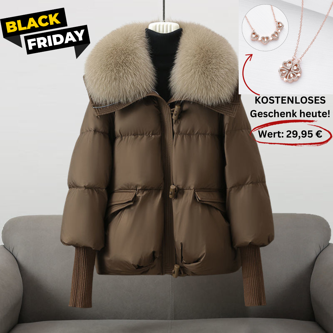 Brown puffer jacket with faux-fur collar, front zip and flap pockets, ribbed cuffs