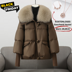 Brown puffer jacket with faux-fur collar, front zip and flap pockets, ribbed cuffs