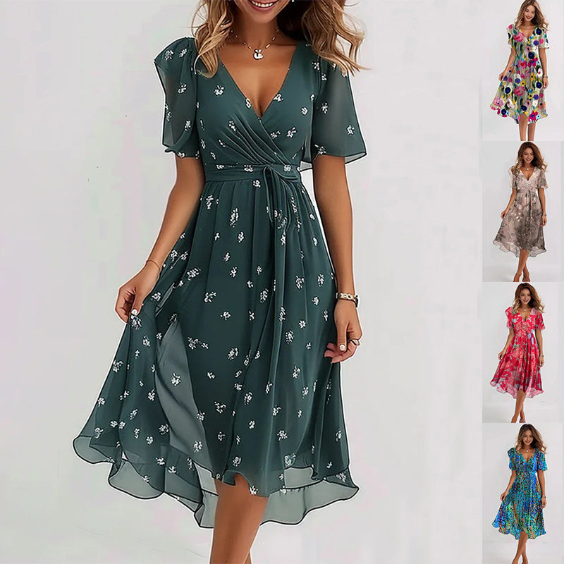 Knee-length dark green wrap dress with short sleeves, small white print, tied waist
