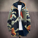Hooded cardigan with navy, cream, and orange cloud and wave print, front button