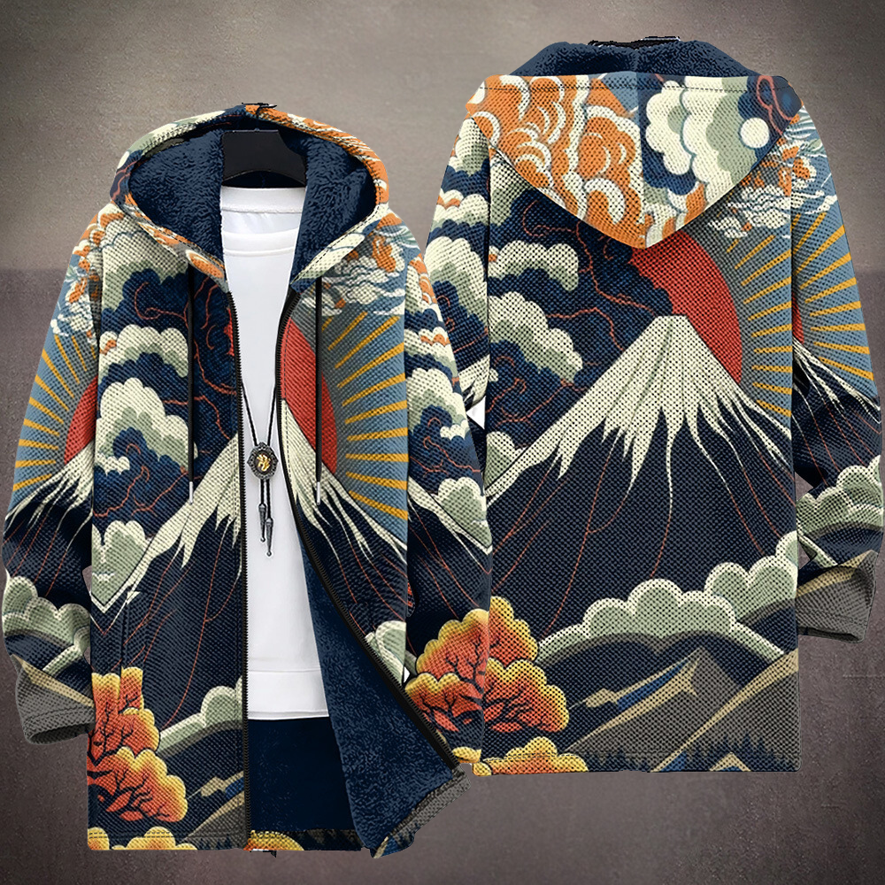 Hooded cardigan with navy and cream cloud, mountain, and wave graphic print