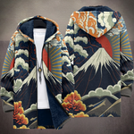 Hooded cardigan with navy and cream cloud, mountain, and wave graphic print
