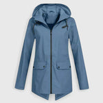 Blue hooded zip-up jacket with drawstring, front pockets, and buttoned flap closures