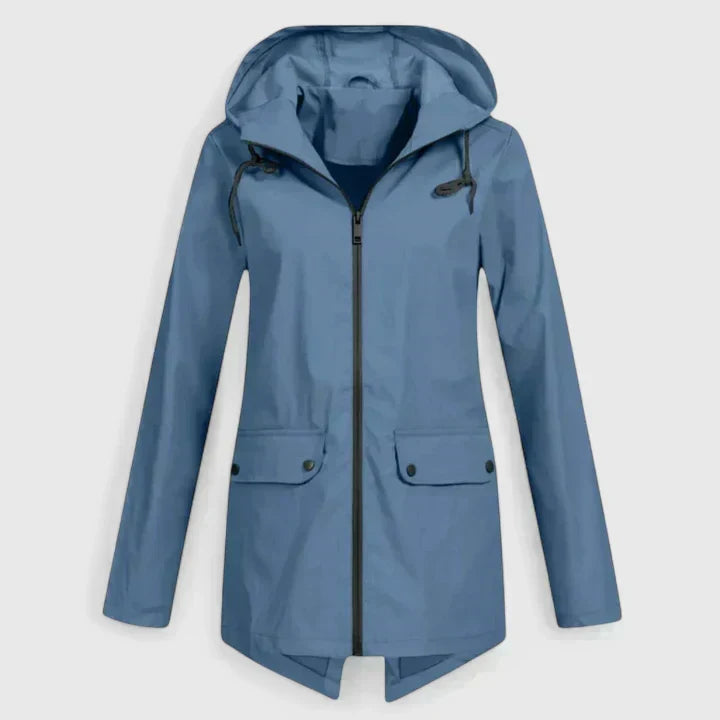 Blue hooded zip-up jacket with drawstring, front pockets, and buttoned flap closures