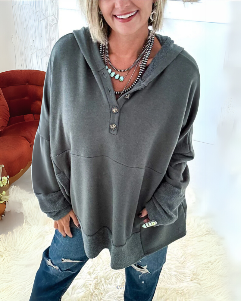 Women’s dark gray-green hooded pullover sweater with button placket and kangaroo pocket