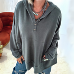Women’s dark gray-green hooded pullover sweater with button placket and kangaroo pocket