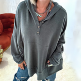 Women’s dark gray-green hooded pullover sweater with button placket and kangaroo pocket