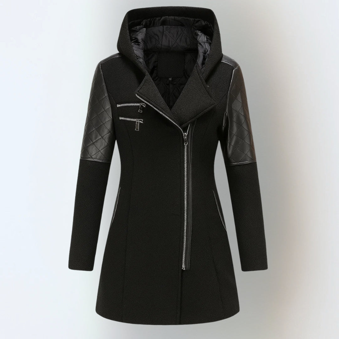 Women’s winter parka coat in black with gray quilted sleeves, zip front, attached hood.