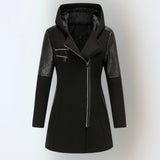 Women’s winter parka coat in black with gray quilted sleeves, zip front, attached hood.