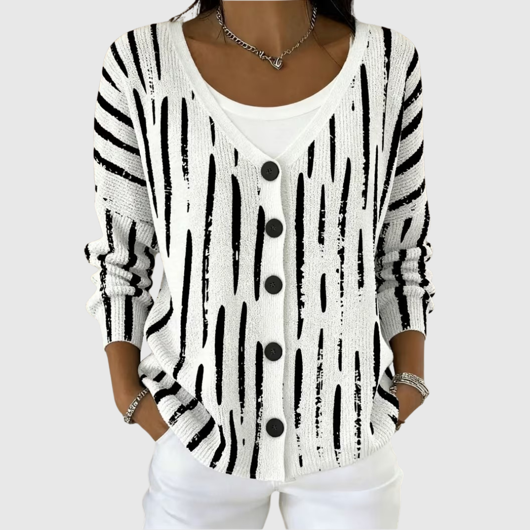 Cozy knit cardigan, black-and-white striped, button-front, long sleeves