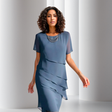 Blue layered chiffon dress with short sleeves and tiered ruffle front